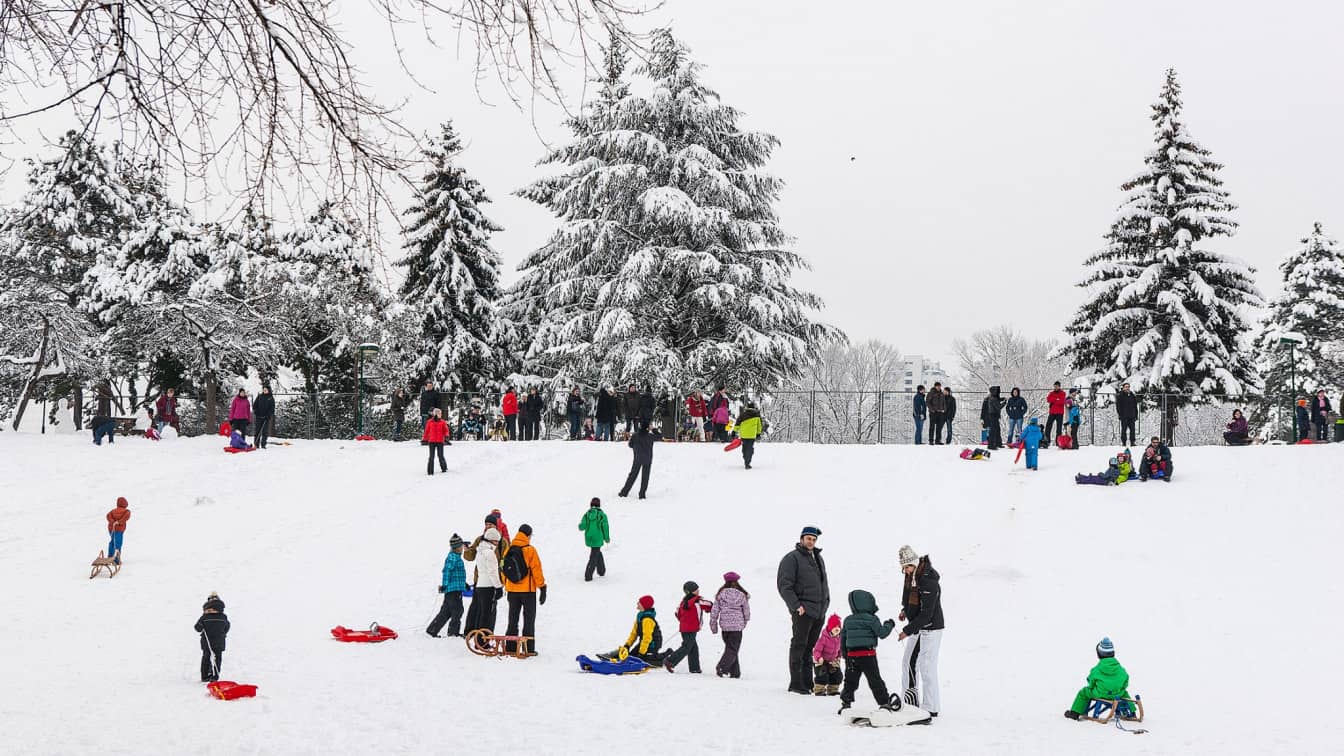 Menschen tummeln sich auf einem Rodelhügel in einem Park in Wien.