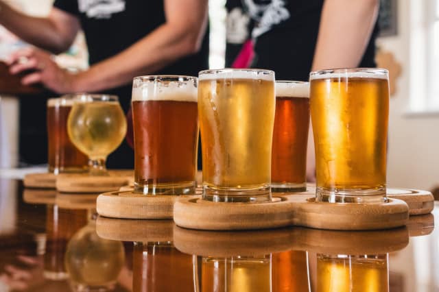 mehrere gefüllte Biergläser stehen auf einem Verkostungstablett