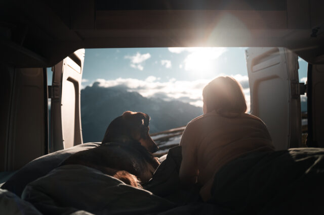 Blick aus dem Camper mit Hund und Frau