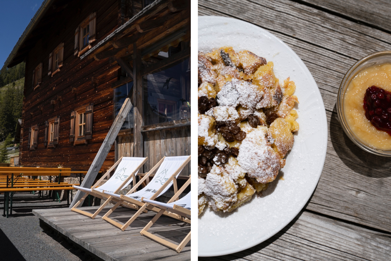 Zandlacher Hütte, Links im Bild sieht man die Fassade einer traditionellen Berghütte aus Holz mit kleinen Fenstern und einem gemütlichen Außenbereich. Vor der Hütte stehen Holzliegen und Bänke auf einem Sonnendeck. Rechts im Bild ist ein Teller mit frisch zubereitetem Kaiserschmarrn, garniert mit Rosinen und bestäubt mit Puderzucker, zu sehen. Daneben befindet sich eine kleine Schale mit Apfelmus und Preiselbeeren.
