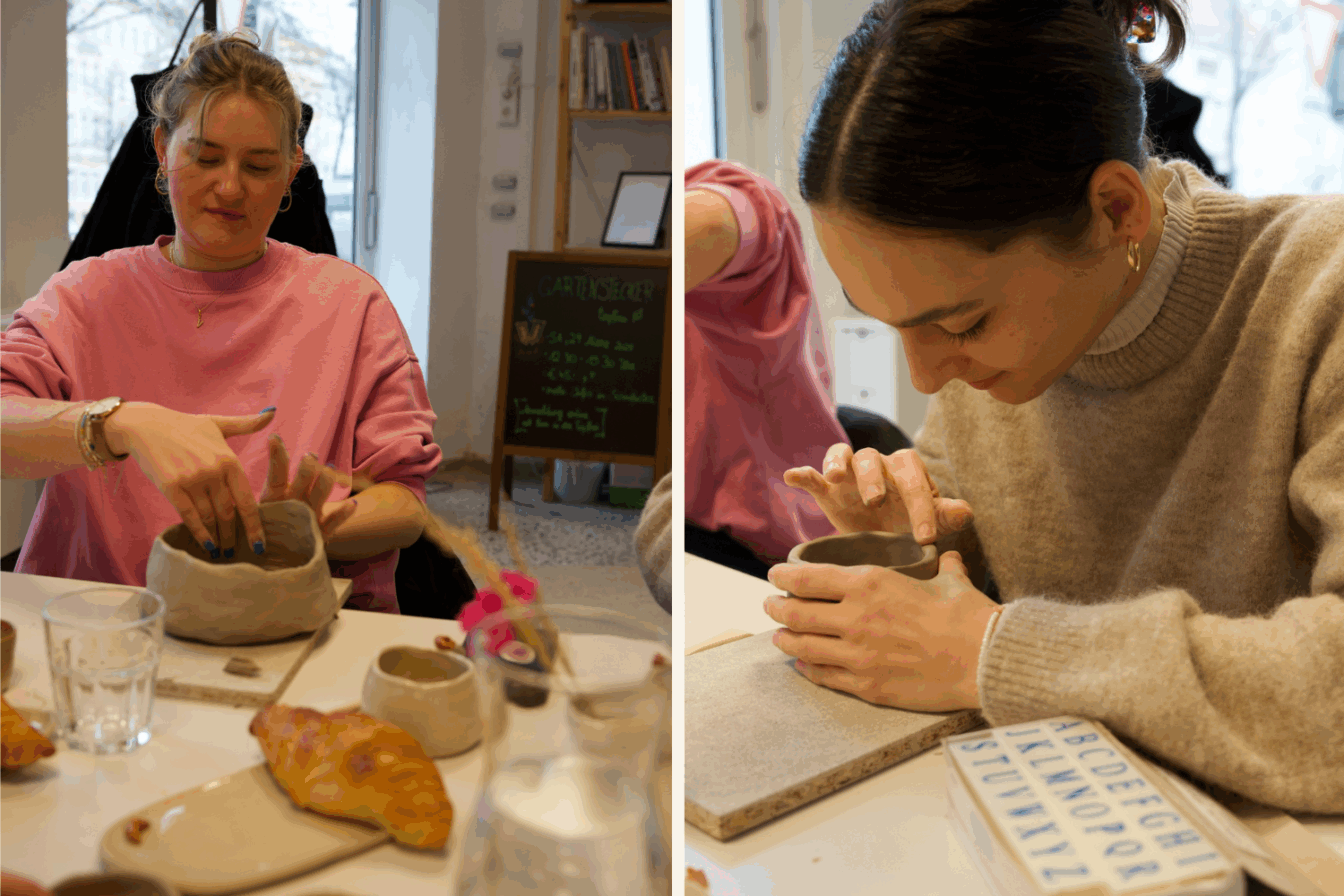 Redakteurinnen töpfern bei "Croissant and Clay" in der Töpferei