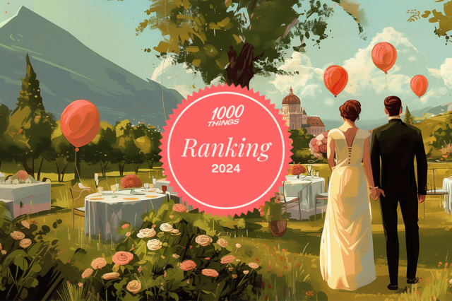 Illustration eines Brautpaares in einer österreichischen Landschaft, Ballons