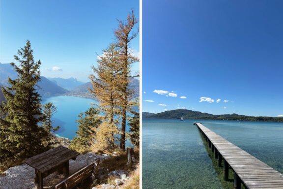 Blick vom Schoberstein auf den Attersee im Herbst (links) und Seebad Schörfling mit langem Holzsteg (rechts)