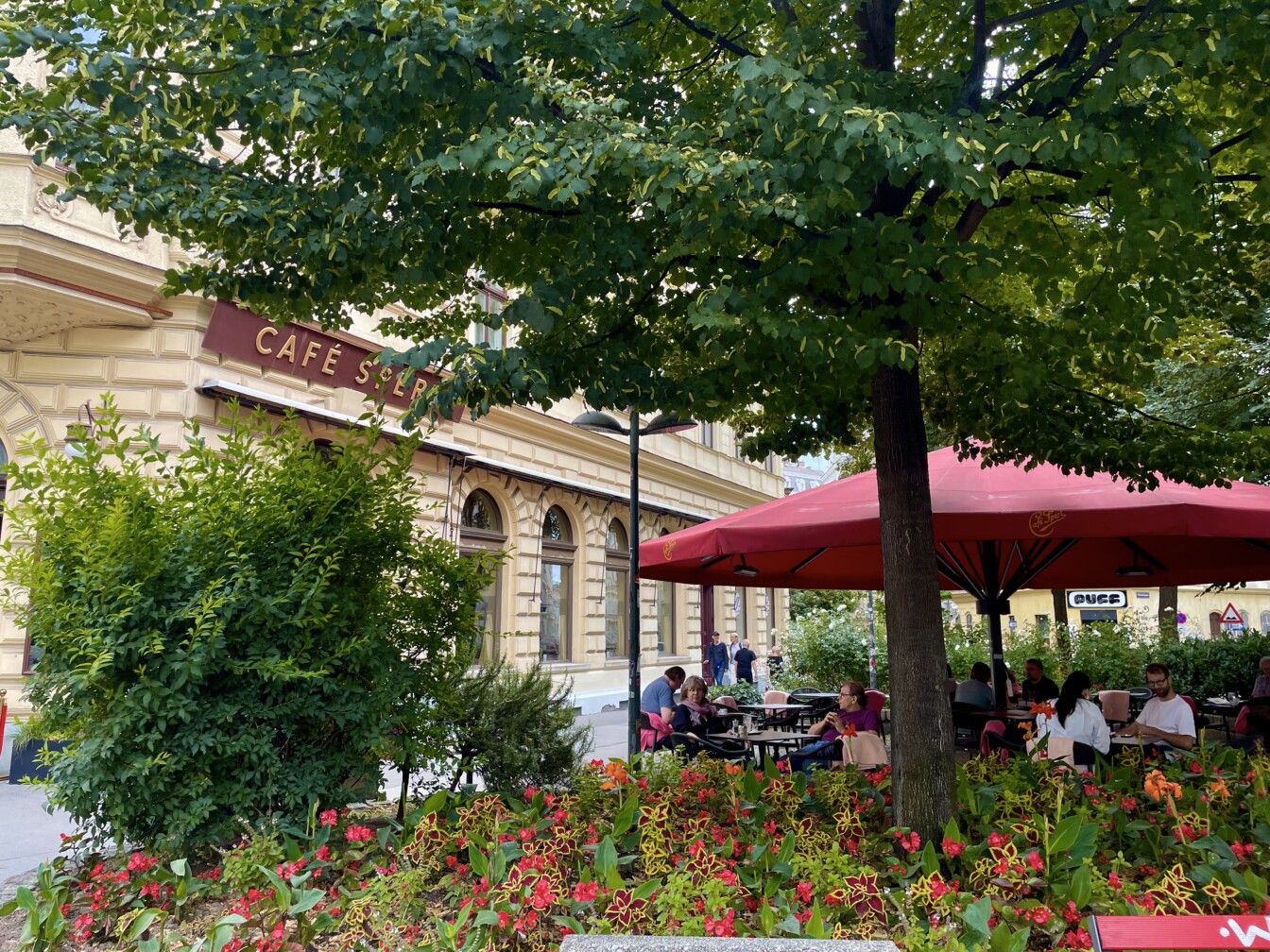 Blick in den grünen Gastgaten vom Café Sperl