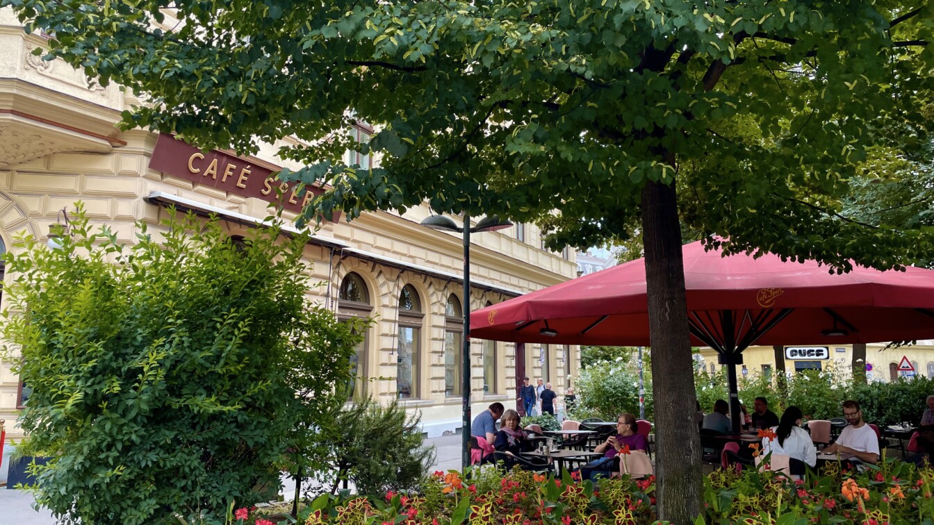 Blick in den grünen Gastgaten vom Café Sperl