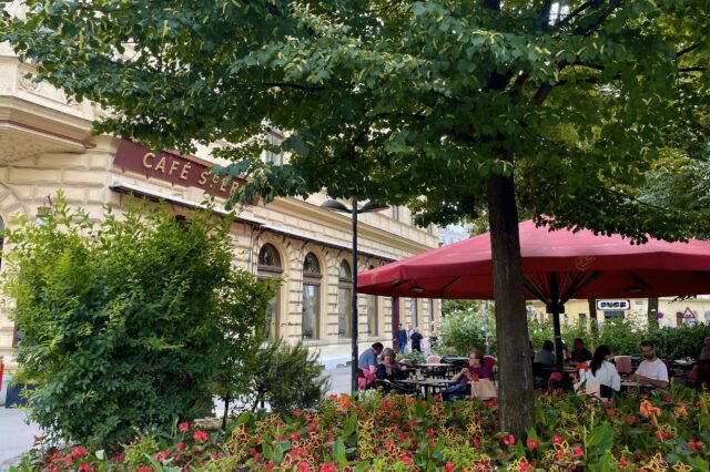 Blick in den grünen Gastgaten vom Café Sperl