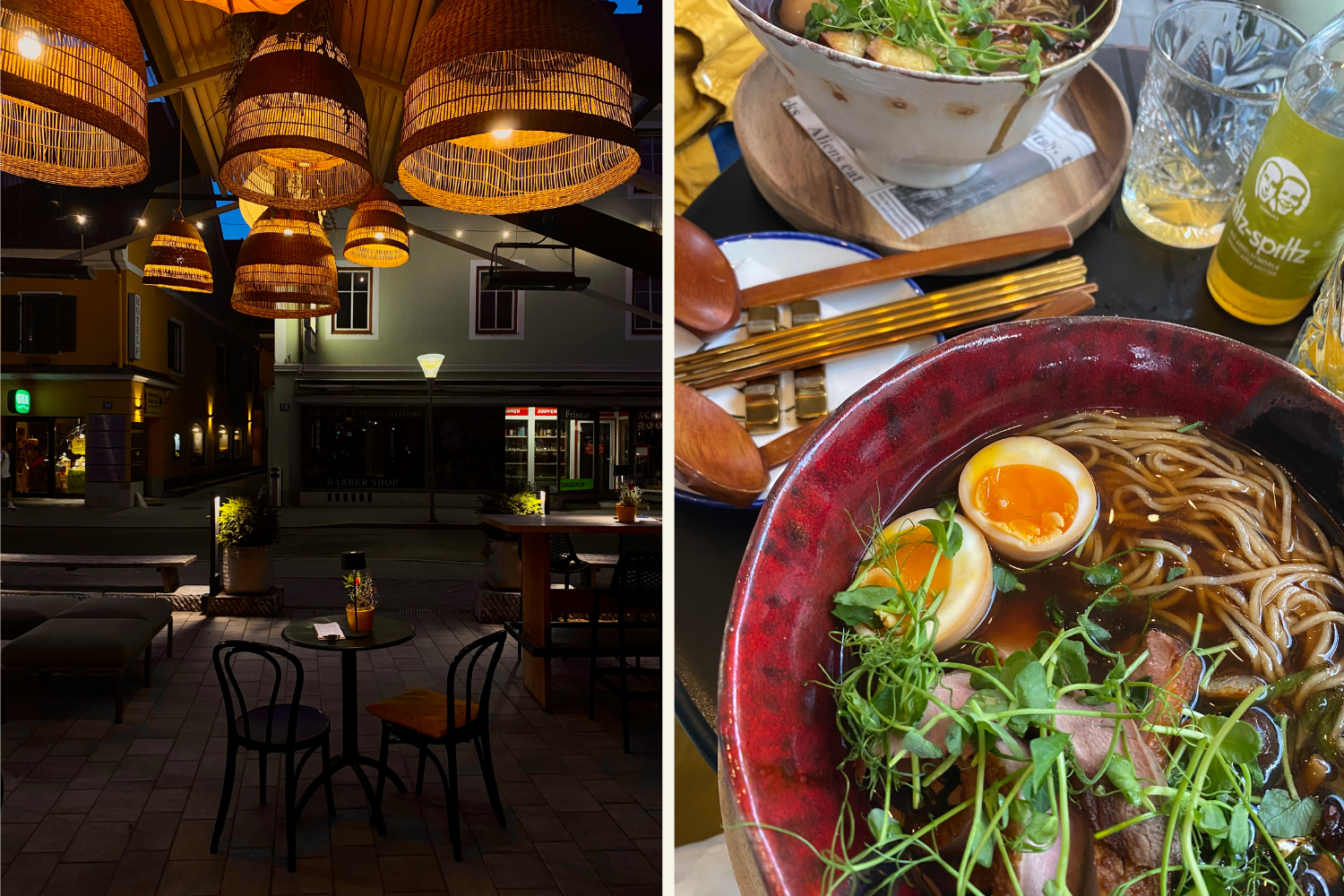 Gastgarten der kaffeeteria mit Lampen bei Nacht (links) und einem Teller Ramen mit Ei (rechts)