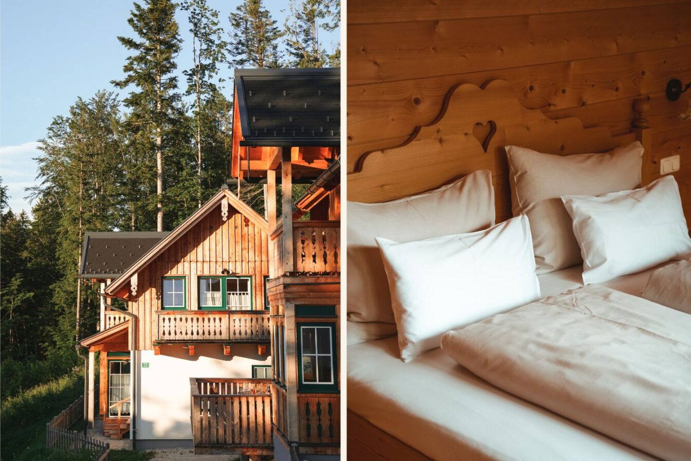 Narzissendorf Ausseerland Holzhäuser im Sonnenschein (links) und Zimmer mit Zirbeneinrichtung (rechts)