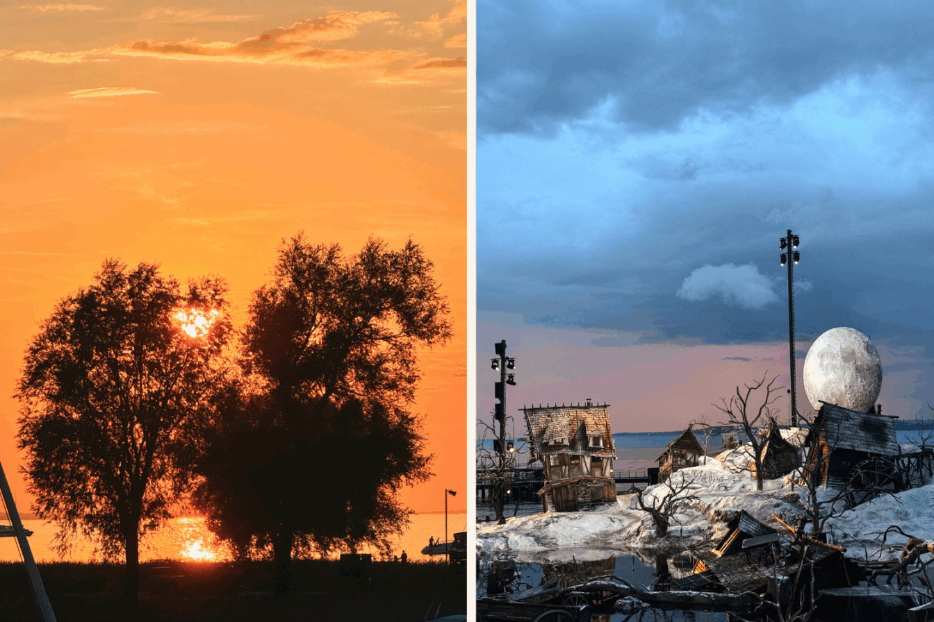 Zweiteiliger Blick auf den Bodensee bei Sonnenuntergang – links ein stimmungsvoller Sonnenuntergang hinter Bäumen am Seeufer, rechts eine kunstvolle Bühnenkulisse der Bregenzer Festspiele mit Holzhäusern, kahlen Bäumen und großer Mondinstallation vor dramatischem Abendhimmel.