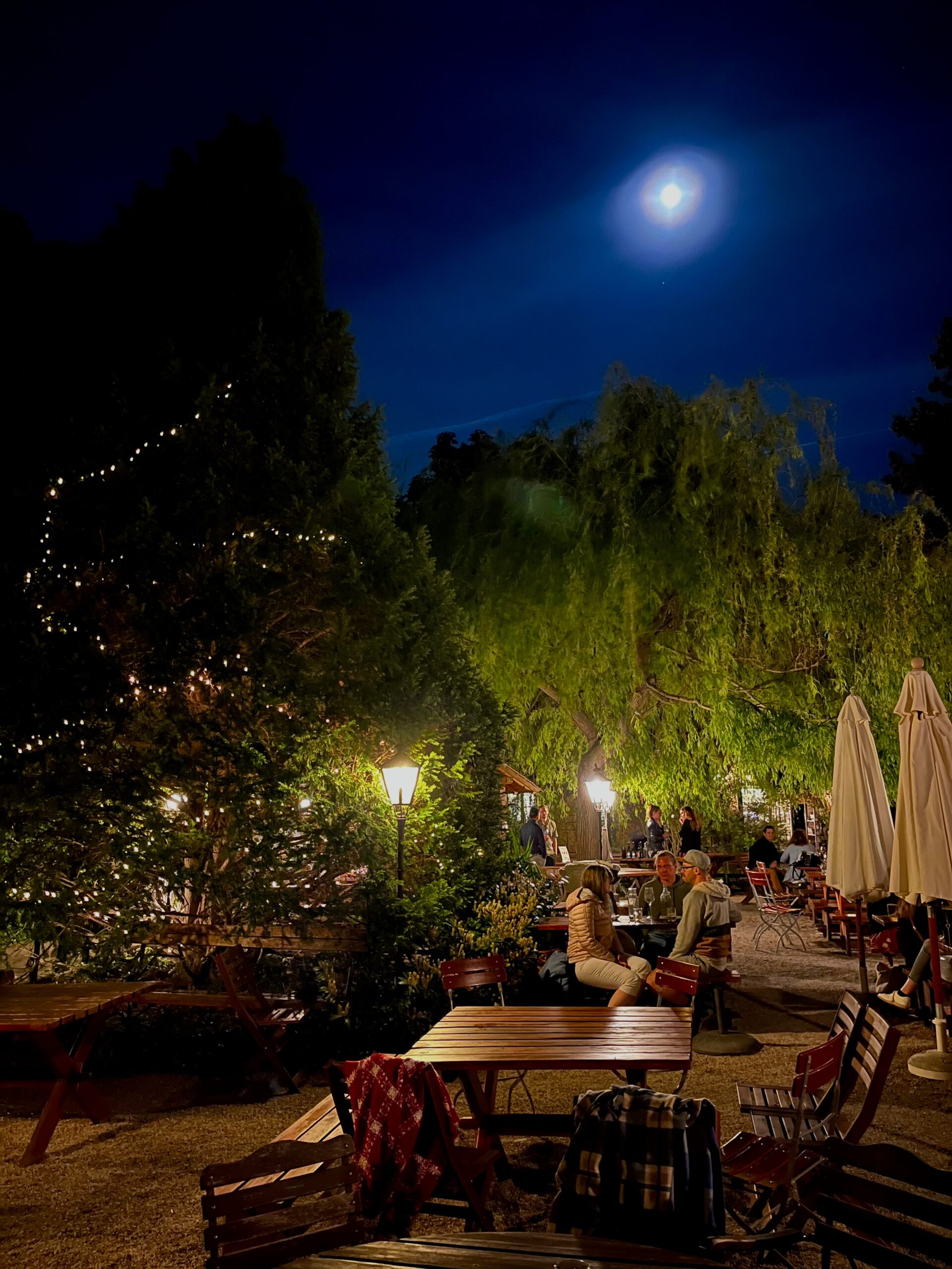 Menschen sitzen abends im Gastgarten vom Heurigen Steinklammer