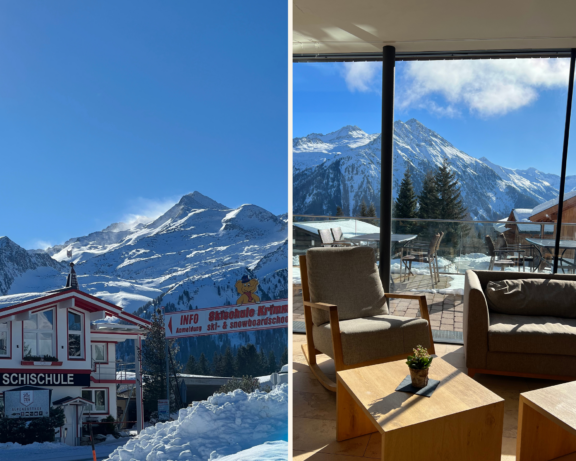 Collage Langlaufen Hohe Tauern Nationalpark Krimml-Hochkrimml, links Bild von Skischule und BVerggipfel, rechts Loungebereich von Alpengasthof Filzstein