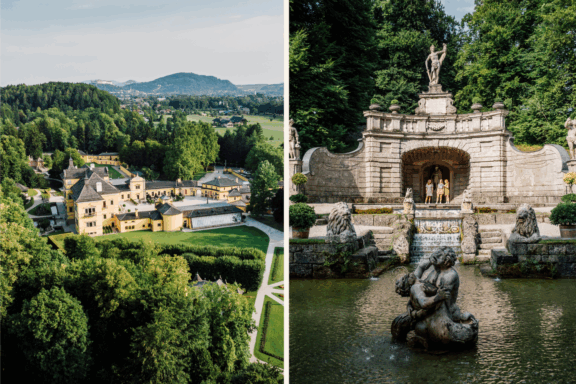 Luftaufnahme von Schloss Hellbrunn in Salzburg mit barockem Lustschloss und berühmten Wasserspielen, umgeben von Parkanlage und Alpenkulisse.