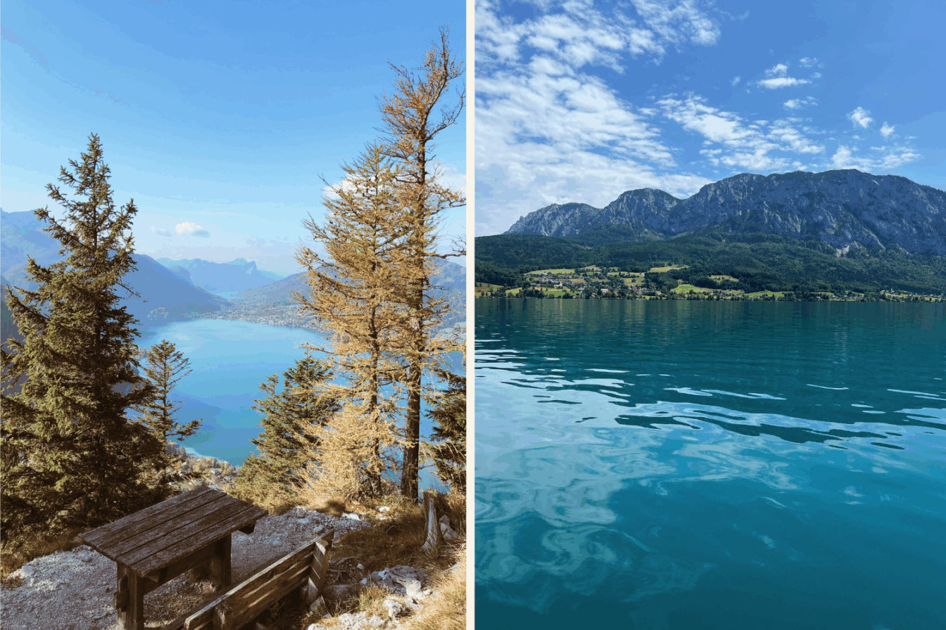 Atemberaubender Ausblick auf den türkisblauen Attersee im Salzkammergut – links mit Panoramablick vom Wanderweg über den See, rechts mit Spiegelung der Alpen im klaren Wasser bei sonnigem Wetter