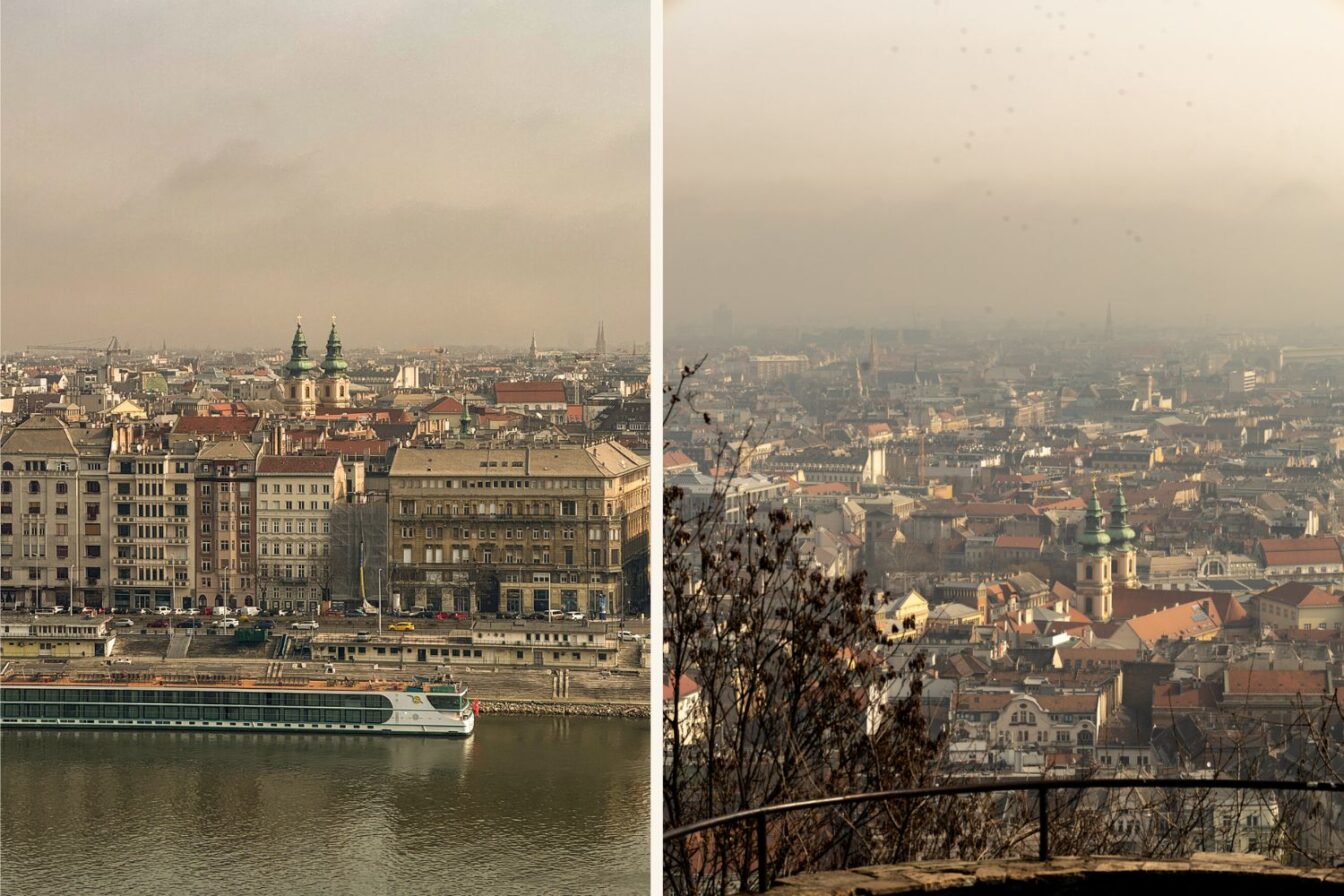 Zweiteiliges Panorama von Budapest mit Blick auf das Stadtzentrum und die Donau. Links im Bild: ein Flusskreuzfahrtschiff vor historischer Altstadtfassade und der barocken Kirche Sankt Anna mit ihren grünen Doppeltürmen. Rechts im Bild: Aussicht von einem erhöhten Aussichtspunkt auf das Häusermeer der Stadt, umrahmt von kahlen Ästen, mit der Sankt-Anna-Kirche im Zentrum. Sanfter Nebel liegt über der Skyline von Budapest und verleiht der Szene eine ruhige, fast mystische Stimmung.