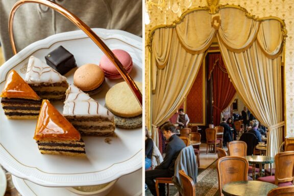 Bilder aus dem traditionsreichen Café Gerbeaud in Budapest. Links im Bild: eine elegante Etagere mit feinem Gebäck wie Dobostorte, Esterházy-Schnitten, Macarons und Petit Fours. Rechts im Bild: stilvoll eingerichteter Salon mit goldverzierten Vorhängen, Kronleuchtern und klassischem Mobiliar. Gäste genießen Kaffee und Kuchen in einem der bekanntesten Kaffeehäuser Ungarns mit kaiserlich-ungarischem Flair.
