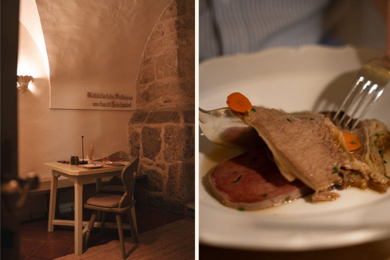 Modern rustikal gedeckter Tisch im Kirchenwirt Rust mit Naturdeko und stilvollem Licht – feine österreichische Küche in historischer Umgebung.