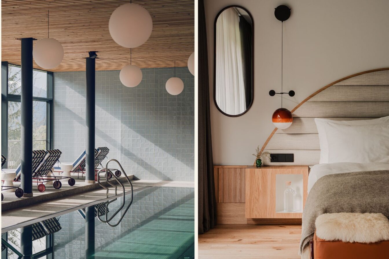 Modernes Designhotel mit stilvollem Wellnessbereich und elegantem Zimmer – lichtdurchflutetes Hallenbad mit Liegen und Designerleuchten sowie gemütliches Schlafzimmer mit hochwertiger Einrichtung und skandinavischem Flair.