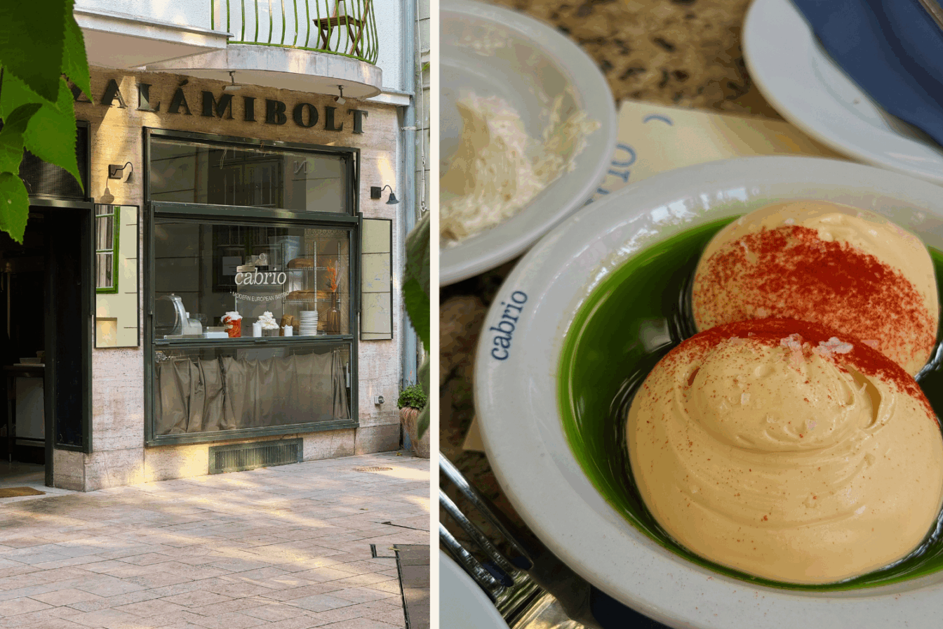 Eine offene Küche von außen und Deviled Eggs auf einem gedeckten Tisch in Budapest.