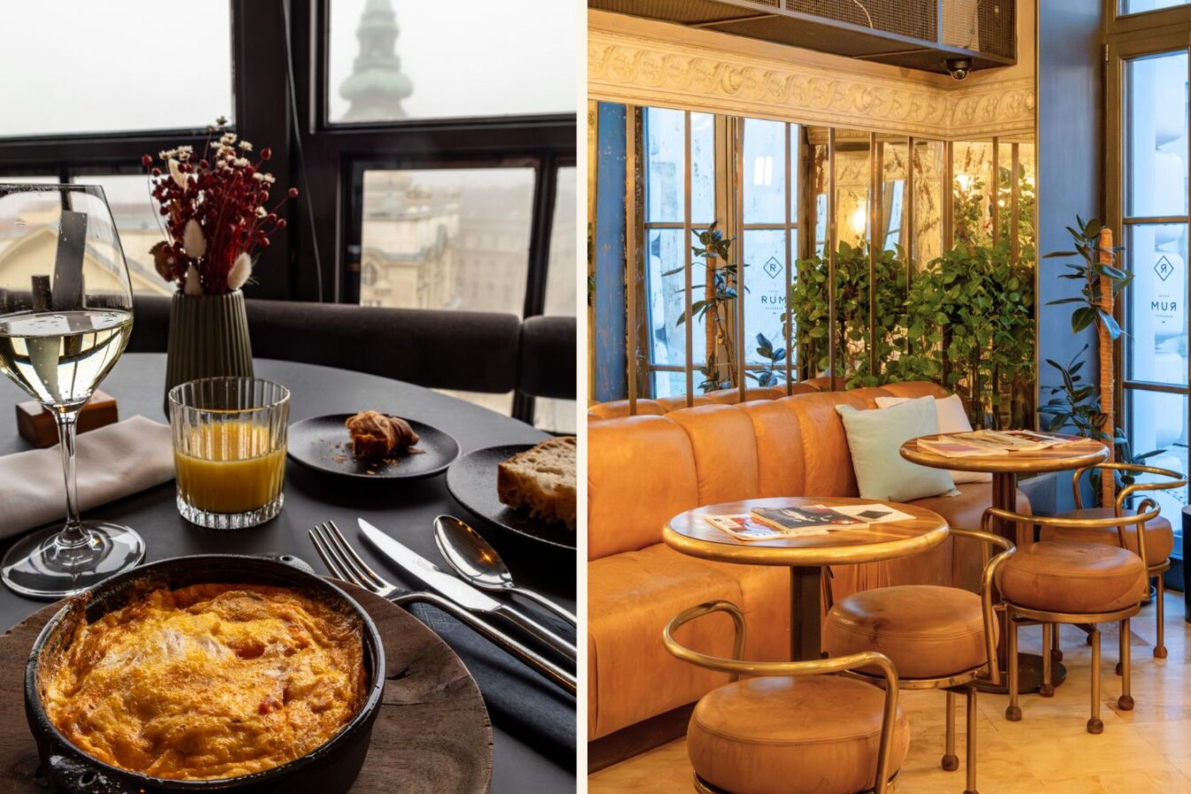 Stimmungsvolles Frühstück im Hotel Rum Budapest mit Ausblick auf die Stadt, daneben ein stilvoll eingerichteter Loungebereich mit goldenen Akzenten, Ledersofas und urbanem Pflanzendekor – Boutique-Flair trifft Design.
