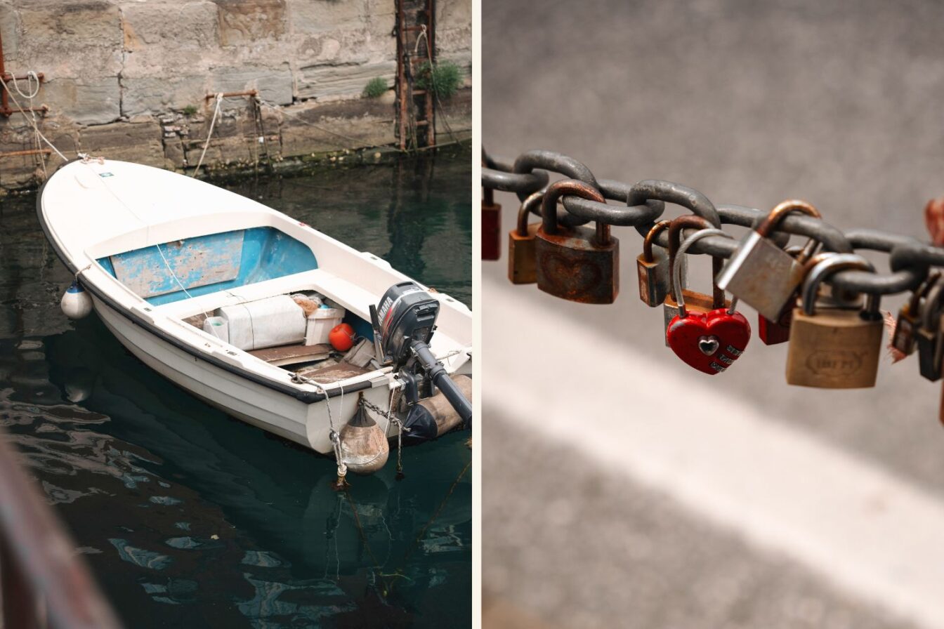 Kleine Schifferboote entlang des Canal Grande in Triest