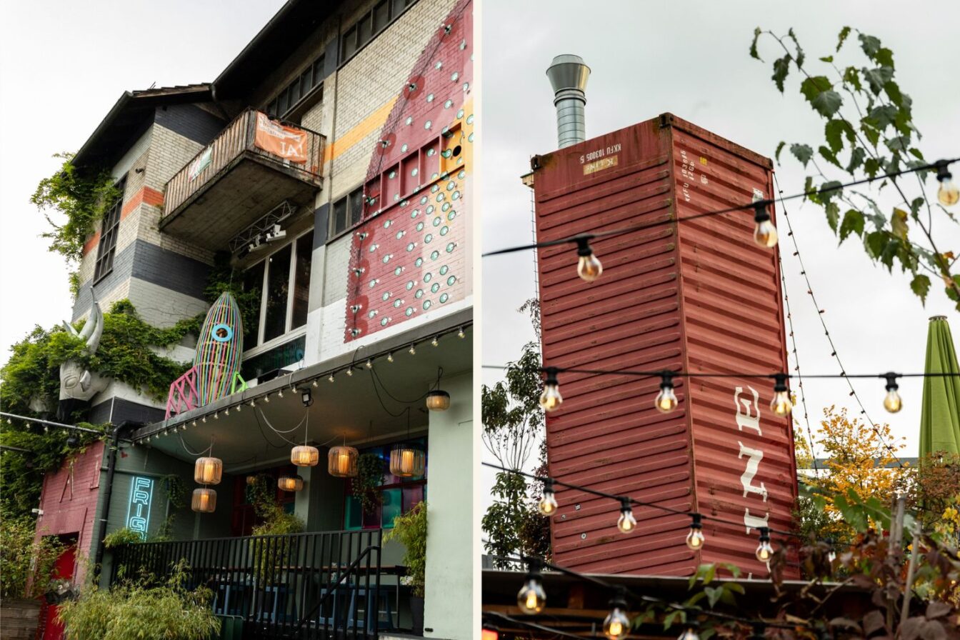 Zweiteiliges Bild aus dem Zürcher Industriequartier: Links ein bunt gestaltetes Industriegebäude mit Pflanzen, Lampen und kreativen Dekorationen an der Fassade; rechts ein roter Schiffscontainer mit Kamin, umgeben von Lichterketten und herbstlicher Vegetation, was eine alternative, urbane Atmosphäre vermittelt