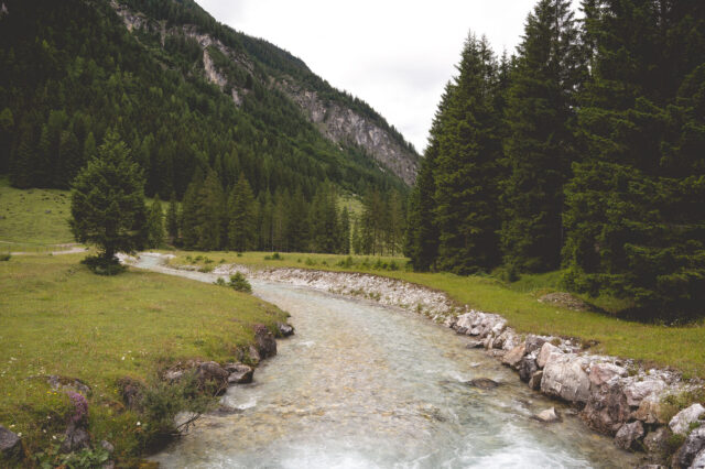 Marbachtal, Salzburg mit Bergen und grünen Wiesen entlang der Marbach