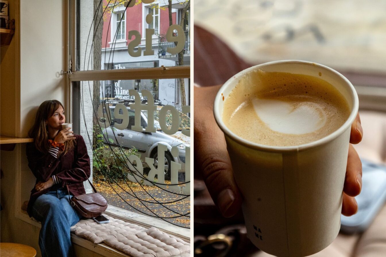 Zweiteiliges Foto aus einem Café in Zürich: Links sitzt eine Frau entspannt auf einer Fensterbank und trinkt Kaffee, während sie durch ein großes Fenster auf eine herbstliche Straße mit bunten Häusern schaut. Rechts ist eine Nahaufnahme eines Bechers Cappuccino in einer Hand zu sehen, mit cremigem Milchschaum obenauf.