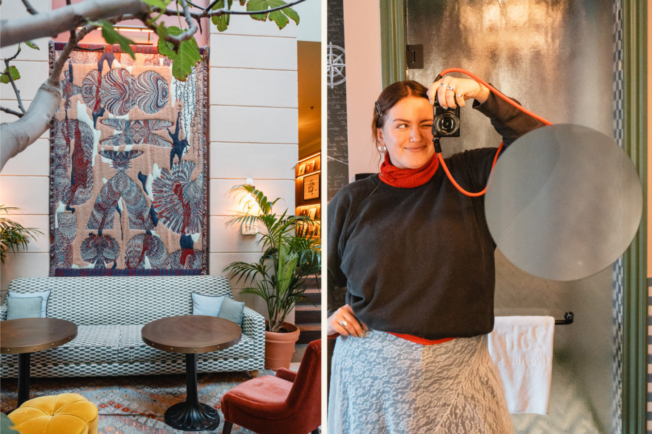 Die Lobby und das Badezimmer im 25hours Hotel Indre By Kopenhagen.