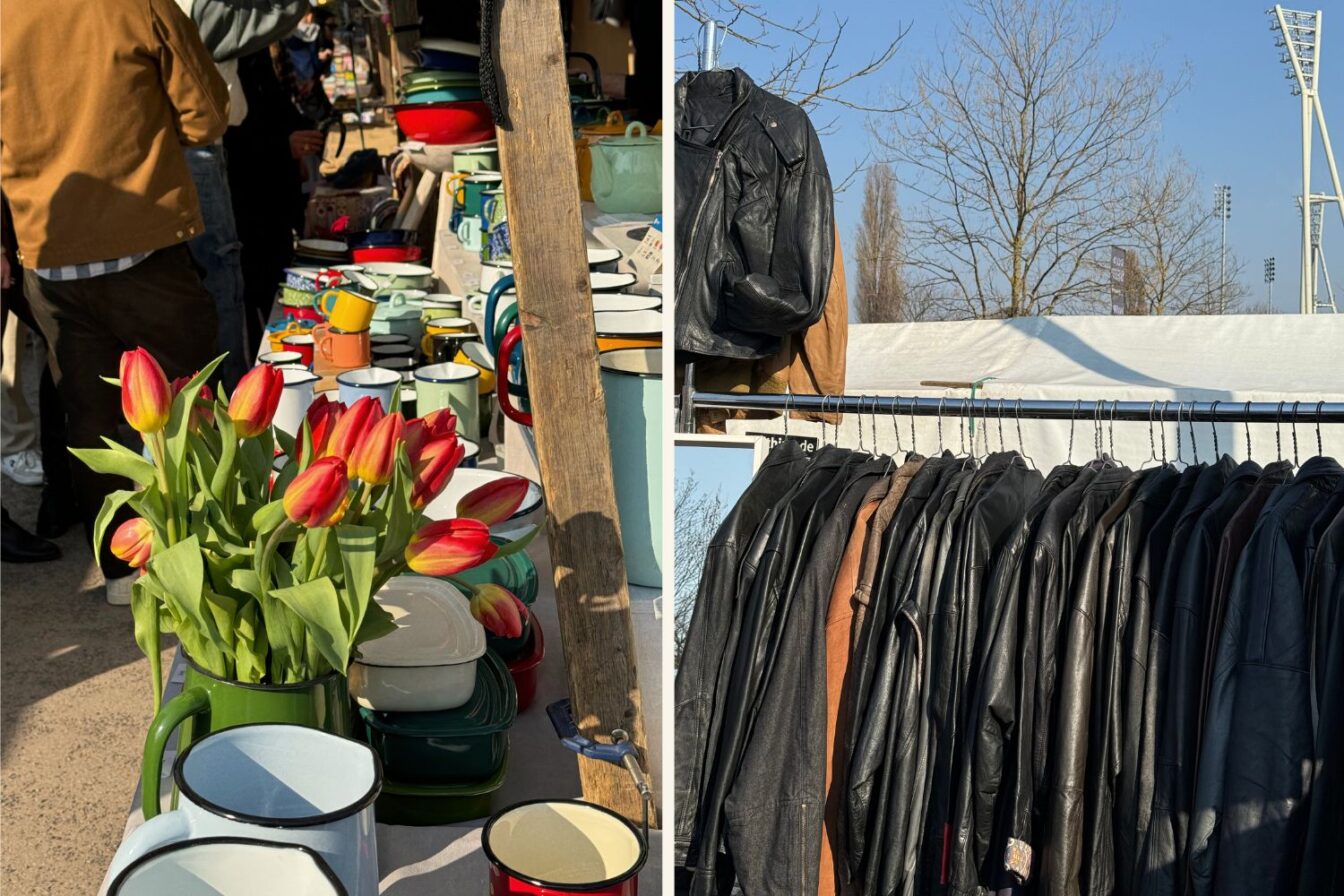 Zweiteiliges Bild vom Flohmarkt im Mauerpark, Berlin. Links ein Stand mit buntem Emaillegeschirr, darunter Tassen, Teller und Töpfe in verschiedenen Farben. Im Vordergrund steht ein grüner Krug mit frischen roten und gelben Tulpen. Mehrere Menschen stöbern im Hintergrund durch die angebotenen Waren. Rechts ein Verkaufsstand mit schwarzen Lederjacken, die dicht an einer Kleiderstange hängen. Eine einzelne Jacke ist über der Stange drapiert. Im Hintergrund sind kahle Bäume, Flutlichtmasten eines Sportstadions und ein weißes Zelt zu sehen, das Teil des Flohmarkts ist. Die Sonne scheint und erzeugt lange Schatten.