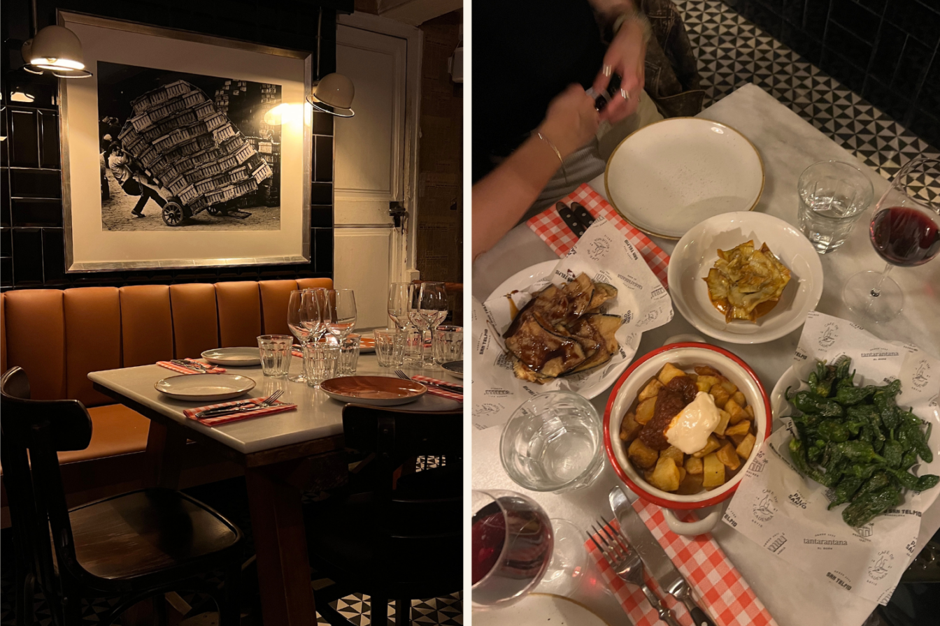 Collage: links gedeckter Tisch im Tantarantana, rechts verschiedene Tapas