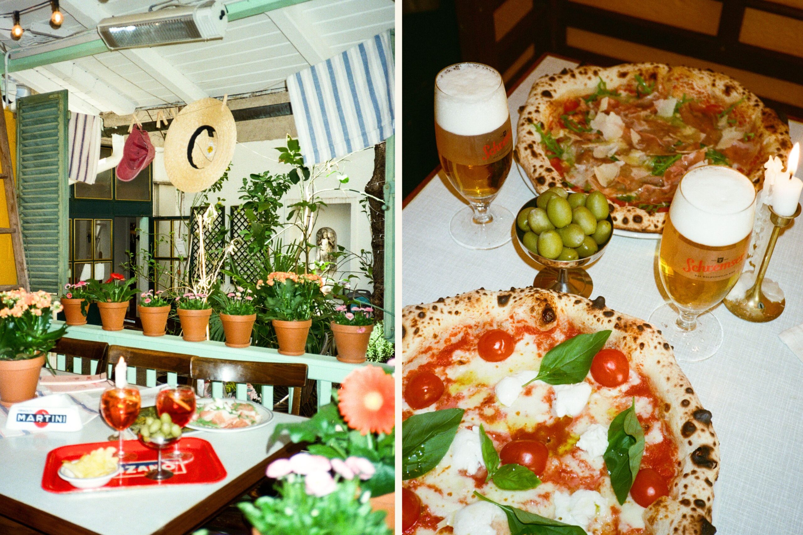 Collage: Links sieht man den Gastgarten der Pizzeria Amici. Rechts sieht man zwei Pizzen und zwei Bier auf einem Tisch. In der Mitte stehen Oliven