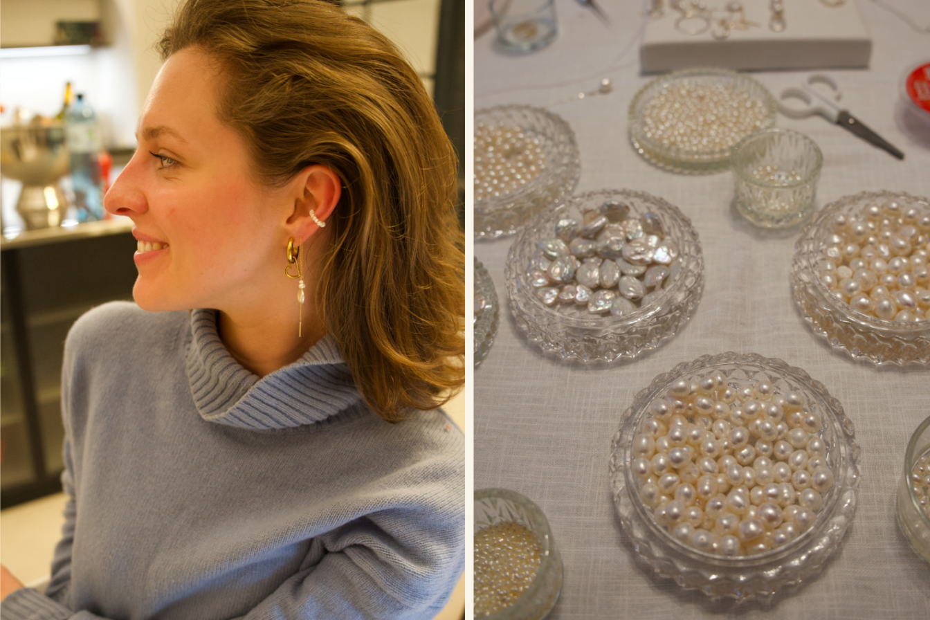 Aus weißen Perlen (rechts) werden beim Schmuckworkshop von Jas Jewelry Ohrringe (links) hergestellt