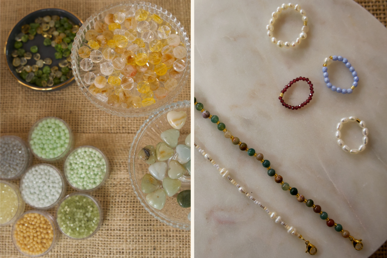 Perlen (links), aus denen im Workshop Schmuck gemacht wird (rechts)