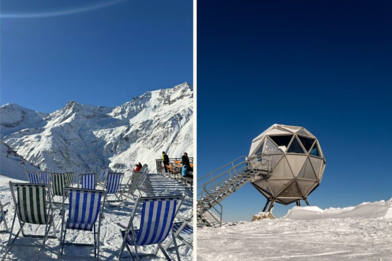 Winterpanorama im Skigebiet Gastein: Links sonnen sich Skifahrer in Liegestühlen mit Blick auf die verschneiten Gipfel von Sportgastein, rechts steht eine futuristische, kugelförmige Aussichtsplattform auf schneebedecktem Berggipfel unter tiefblauem Himmel