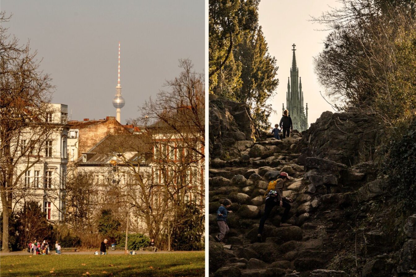Die linke Bildhälfte zeigt eine stimmungsvolle Stadtansicht aus Berlin-Kreuzberg mit dem Fernsehturm im Hintergrund. Im Vordergrund erstreckt sich eine grüne Parkfläche, auf der Kinder und Erwachsene das sonnige Wetter genießen. Die umliegenden Altbauten mit weißen und roten Fassaden sowie die kahlen Bäume deuten auf eine spätere Winter- oder frühe Frühlingszeit hin. Die Szene vermittelt eine entspannte, urbane Atmosphäre, wie sie für Kreuzberg typisch ist.
Die rechte Bildhälfte zeigt den markanten Wasserfall im Viktoriapark, einem der bekanntesten Parks in Kreuzberg. Menschen klettern über die großen Felsen des künstlich angelegten Wasserfalls hinauf, während sich im Hintergrund das Nationaldenkmal für die Befreiungskriege erhebt. Dieses neugotische Denkmal, das auf dem höchsten Punkt des Kreuzbergs steht, bietet eine beeindruckende Aussicht über Berlin. Die Szene vermittelt ein Gefühl von Naturerlebnis mitten in der Stadt, während die historische Kulisse an die geschichtliche Bedeutung des Ortes erinnert.