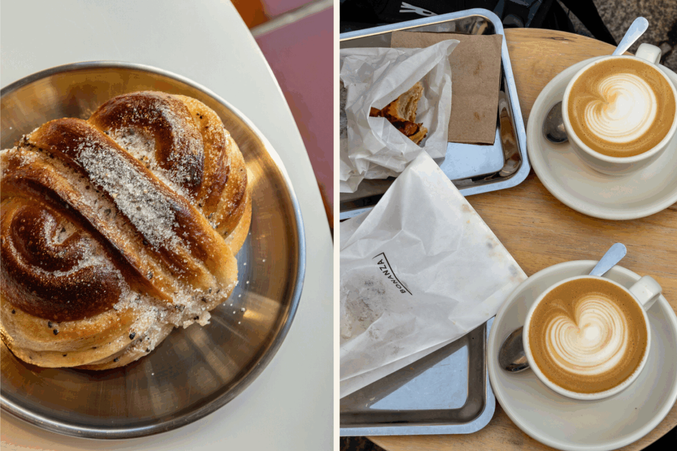 Die besten Cafés in Berlin Mtite. auf dem linken Bild sieht man einen Kardamomknopf, rechts zwei Kaffees
