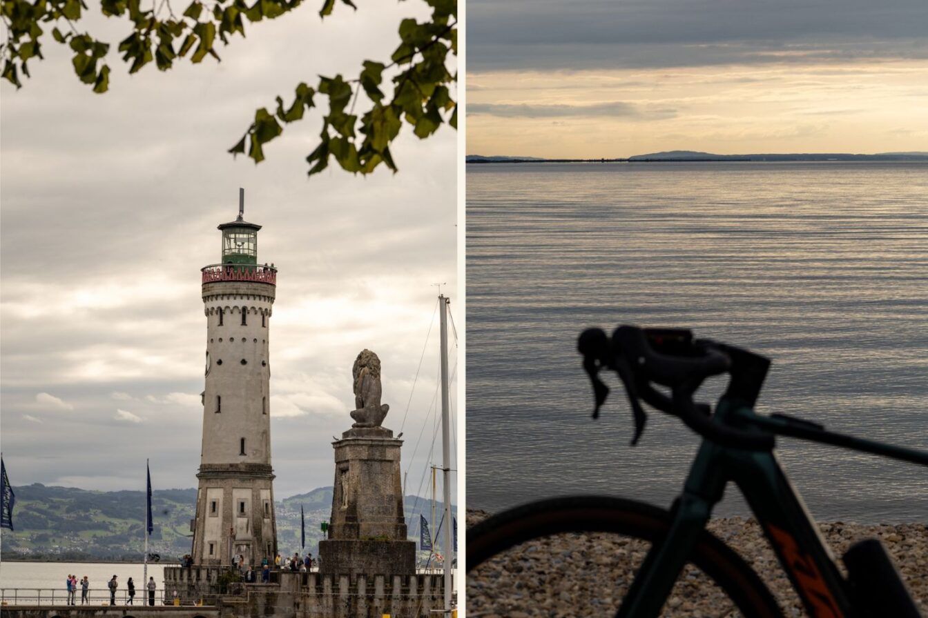 Collage von der Bodensee-Umrundung mit dem Fahrrad: links der Leuchtturm und der Löwe am Hafen von Lindau, umgeben von Besuchern, rechts eine Uferaufnahme mit ruhigem Wasser im Abendlicht und dem unscharf im Vordergrund stehenden Fahrrad.
