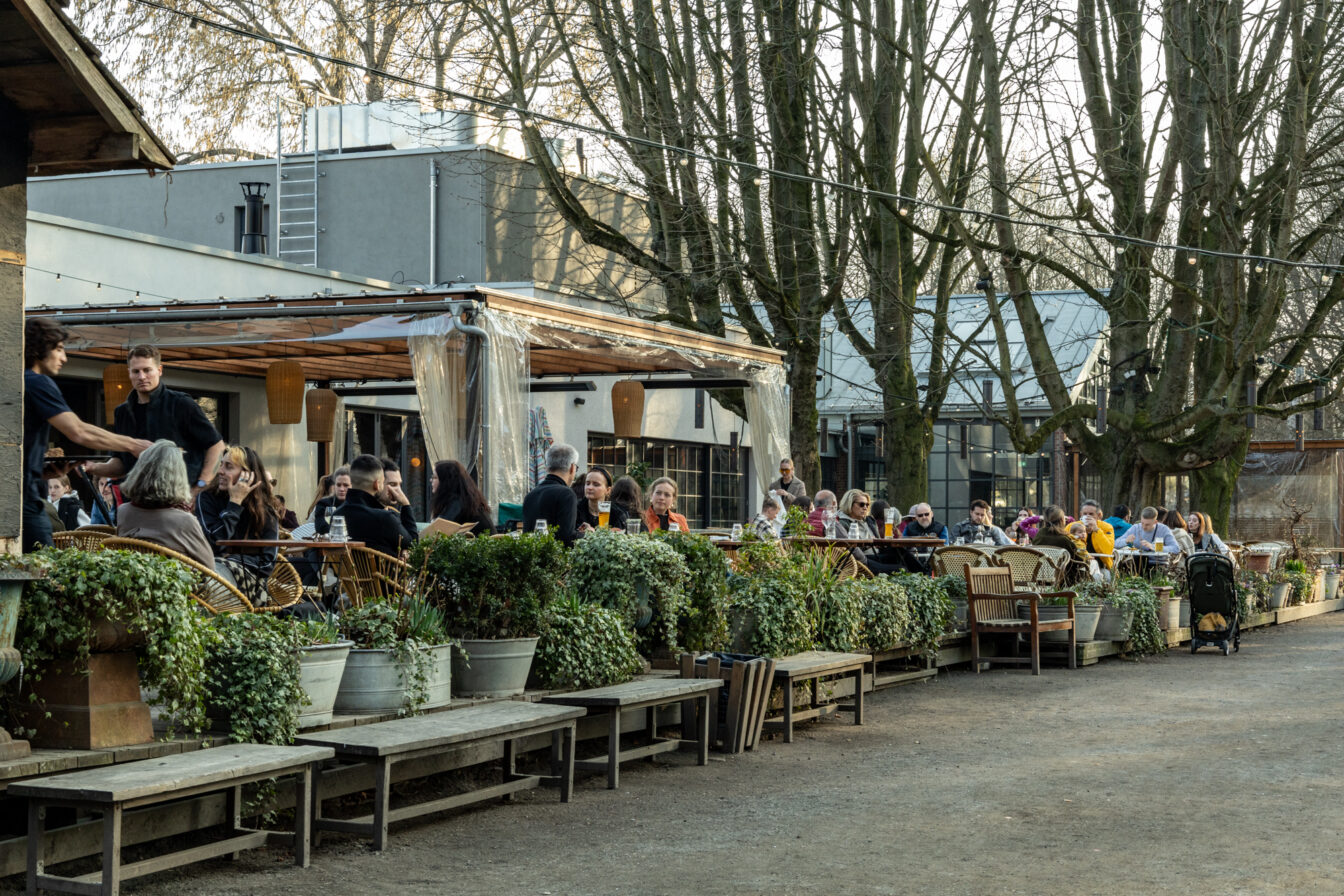 Eine belebte Terrasse des Café am Neuen See im Berliner Tiergarten an einem sonnigen Tag. Gäste sitzen an langen Tischen, umgeben von üppigen Pflanzen und Bänken. Ein Kellner serviert einem Tisch Getränke, während andere Gäste entspannt plaudern oder auf ihre Bestellungen warten. Im Hintergrund sind Bäume mit noch wenigem Laub zu sehen, und die Architektur des Cafés zeigt moderne Elemente mit transparenten Wänden. Die Atmosphäre ist freundlich und einladend, mit einem entspannten, sommerlichen Flair.