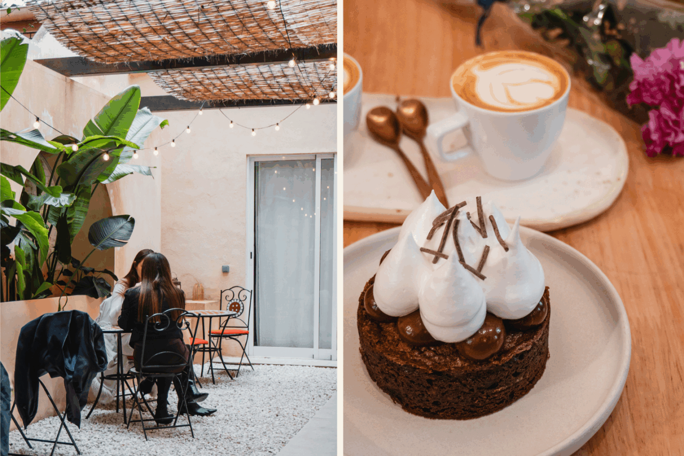 Eine Collage aus dem Casa Raíz in Valencia, die den Brownie und die Terrasse zeigt.