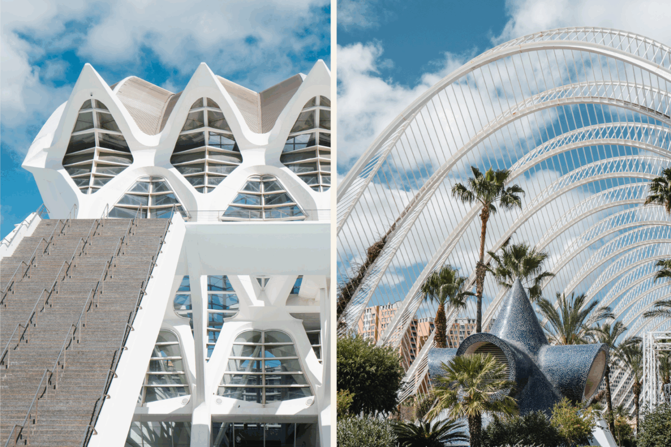 Architektonische Elemente und Palmengarten der Ciutat de les Arts i les Ciències.