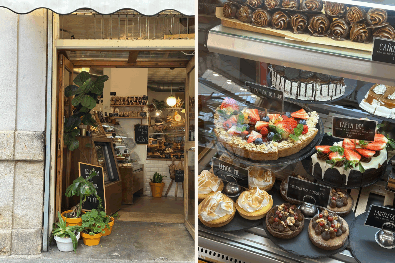 Eine Collage der Kuchentheke und Fassade der DDL Boutique in Valencia.