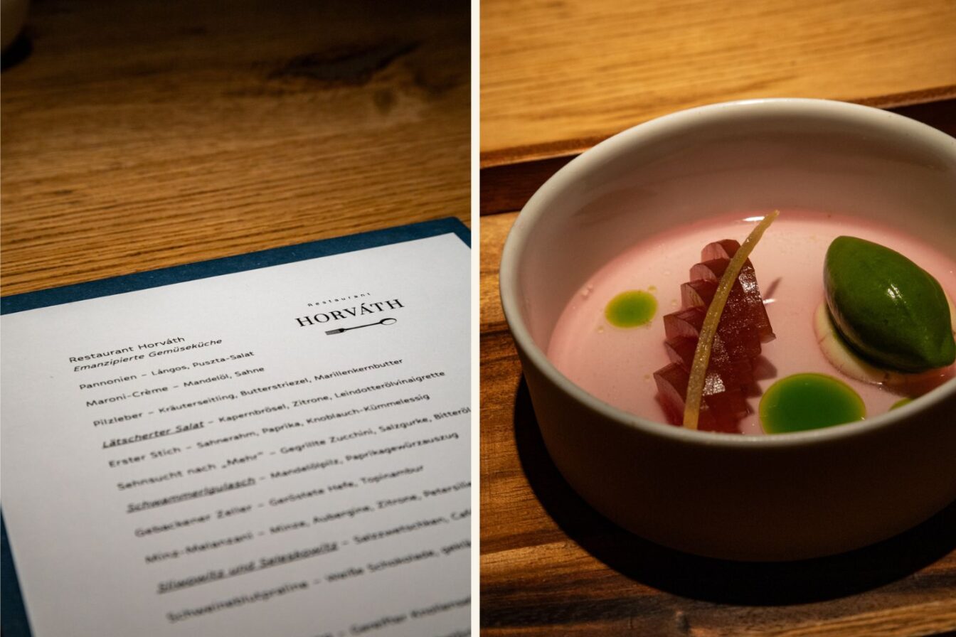 Links im Bild: Eine Menükarte des Restaurants Horváth mit dem Titel 'Emanzipierte Gemüseküche', auf rustikalem Holztisch. Rechts im Bild: Eine elegante Dessert-Komposition in einer weißen Schale – eine rosa Creme mit grünen und bernsteinfarbenen Elementen, darunter ein grünes Sorbet, eine karamellisierte Zutat und feine grüne Öltropfen."