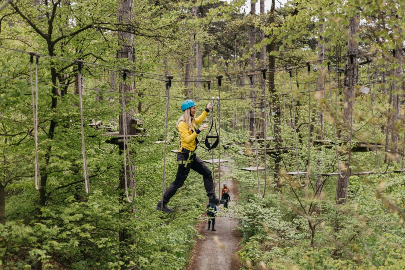Eine Frau begeht einen Parcours im Waldseilpark Kahlenberg