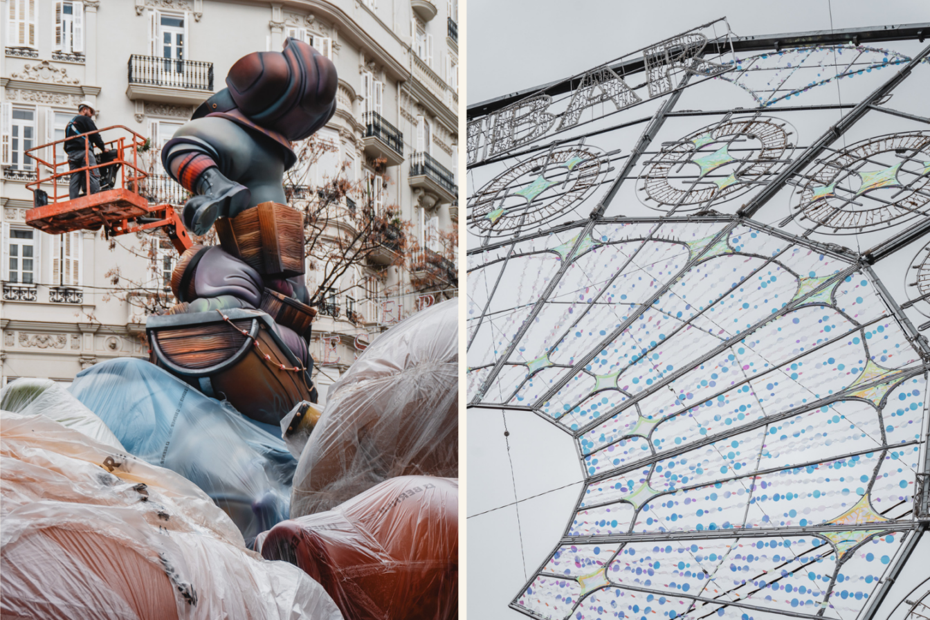 Eine Collage von Eindrücken aus den Straßen Valencias während der Las Fallas.