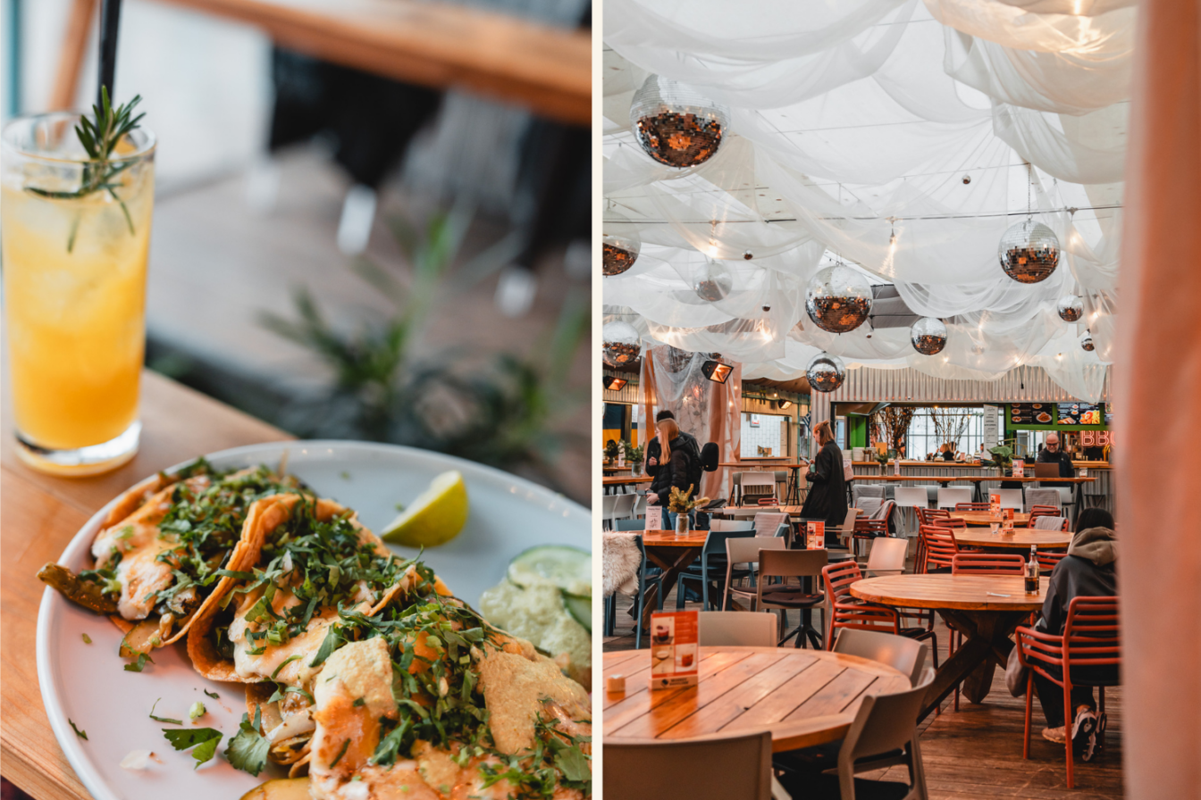 Eine Collage vom naifesto Market in Prag, die vegetarische Tacos und das Ambiente zeigt.