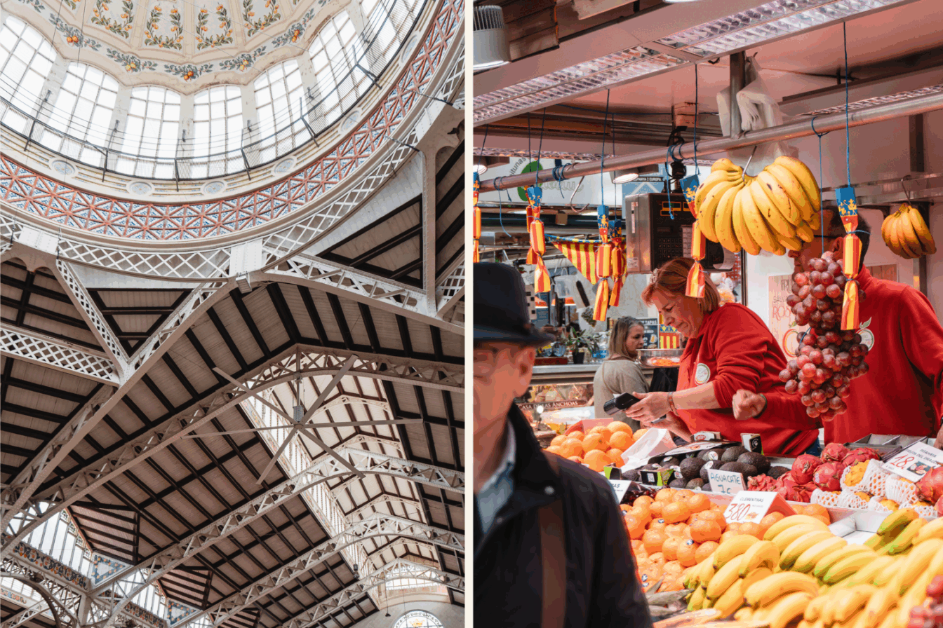 Das Dach und ein Marktstand vom Mercat Central in Valencia.