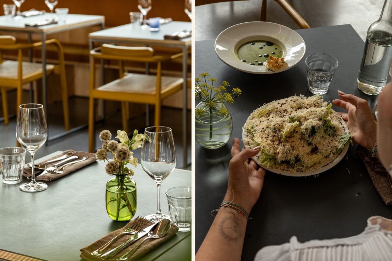 Zweiteiliges Bild aus dem Restaurant REMI in Berlin. Links eine stilvoll gedeckte Tafel mit Weingläsern, Besteck auf braunen Stoffservietten und einer kleinen Vase mit Trockenblumen. Im Hintergrund schlichte gelbe Holzstühle. Rechts eine Nahaufnahme eines gedeckten Tisches: Eine Person hält einen großen Teller mit Caesar Salad, daneben steht eine grüne Suppe mit dekorativer Einlage, ein Wasserglas, eine Karaffe und eine Vase mit Dillblüten. Die Atmosphäre ist modern, minimalistisch und einladend.