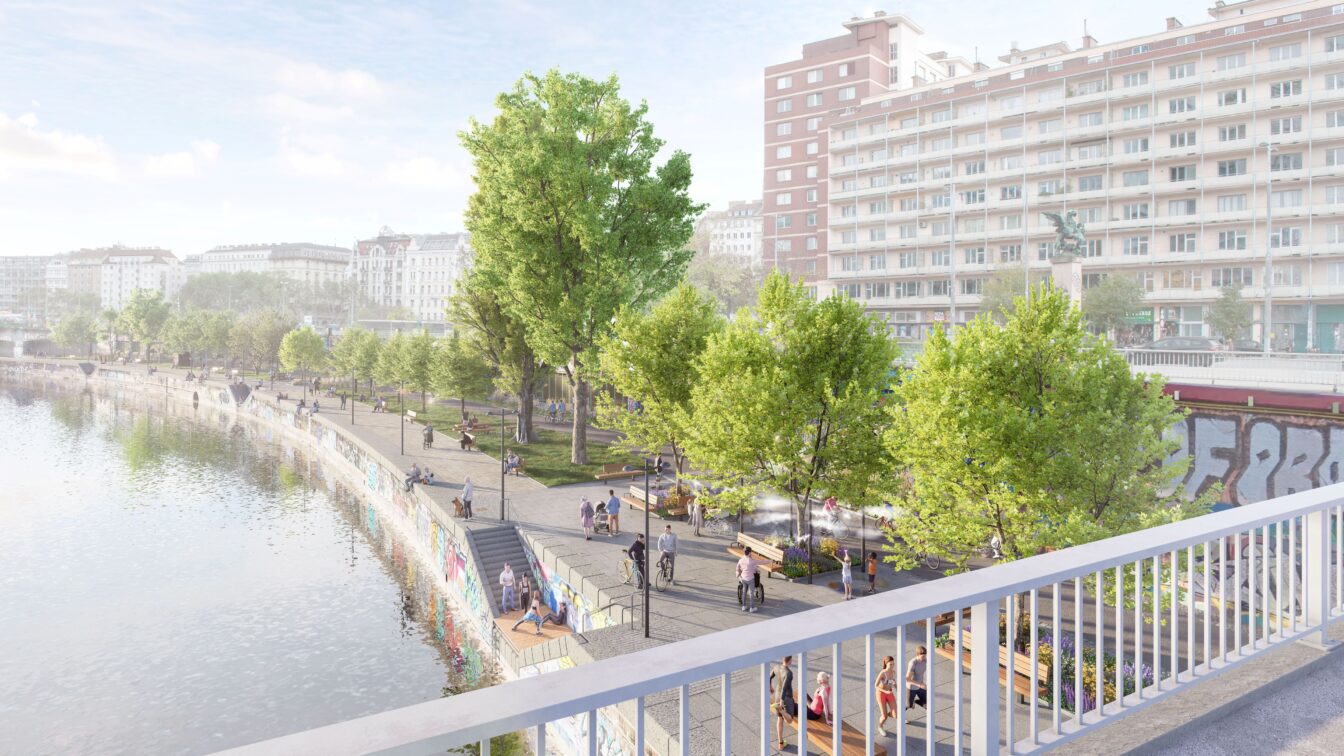 Renderings zeigen den Donaukanal mit den geplanten Änderungen für mehr Grün