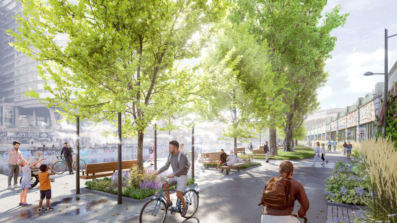 Renderings zeigen den Donaukanal mit den geplanten Änderungen für mehr Grün