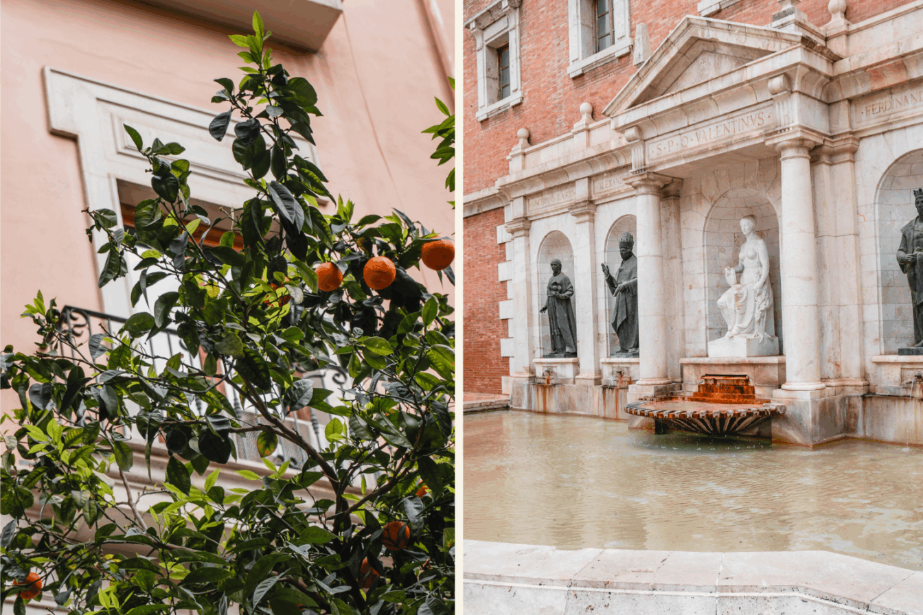 Eine Collage der Altstadt Valencias samt Orangenbaum.
